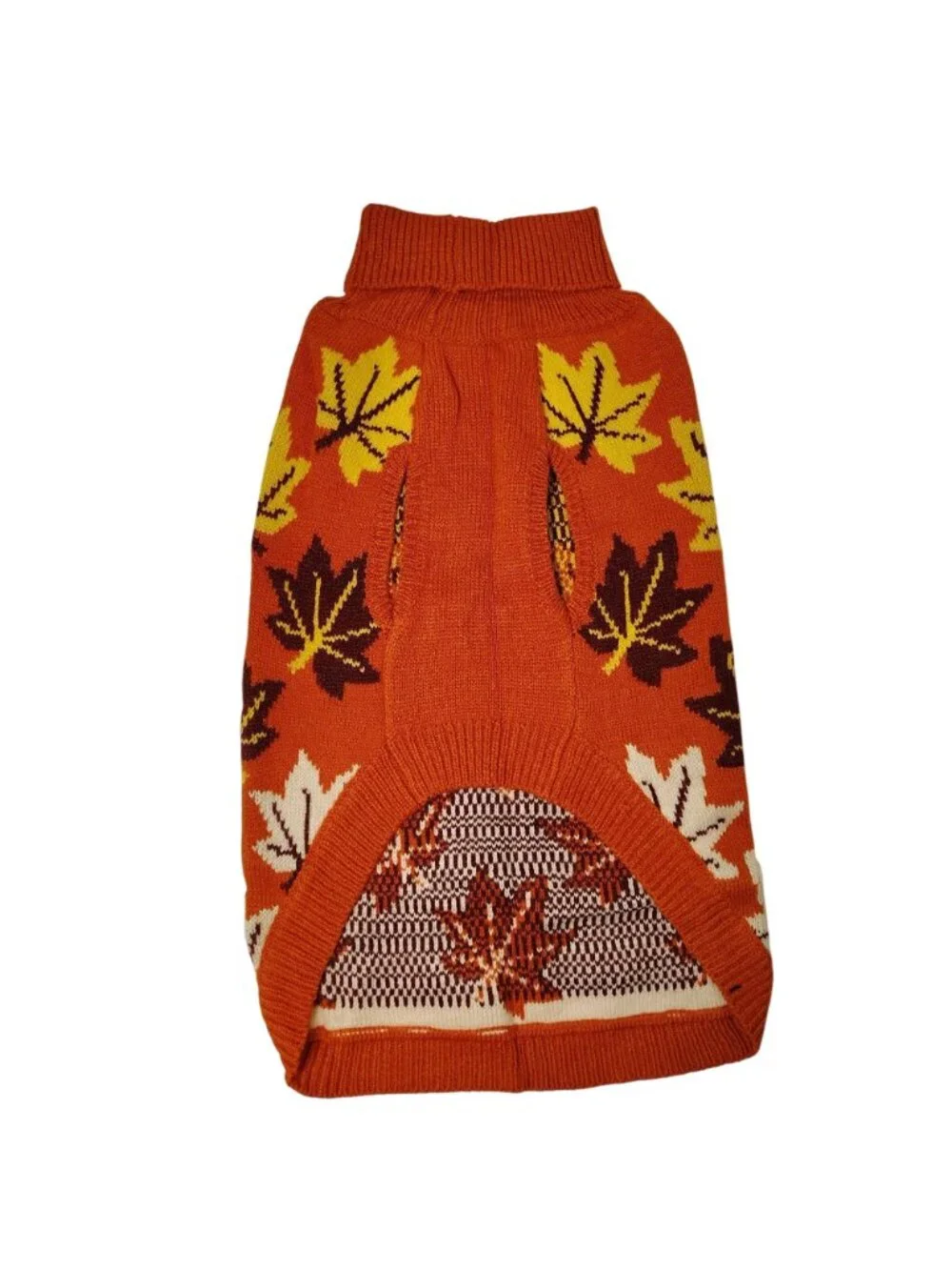 Dog L/XL Orange Acrylic Knit Warm Autumn Leaf Pattern Pet Sweater